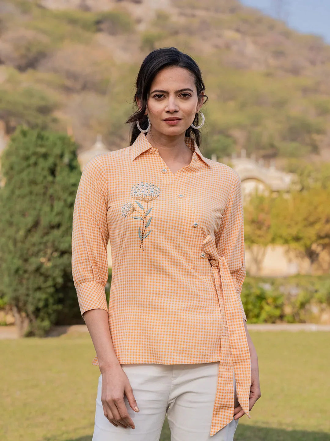 Women's Mustard Cotton Checks Print Top With Embroidery - Yufta