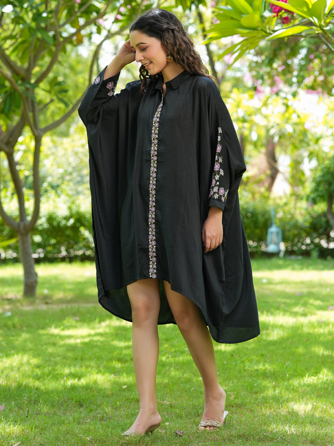 Women's -Black Embroidery Oversized Asymmetric Co Ord - Yufta