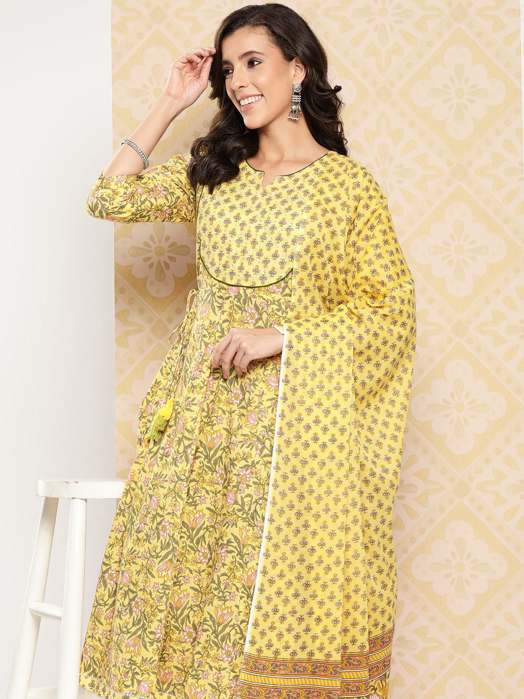 Women's Yellow Sequins_Work Anarkali Kurta With Trouser & Dupatta - Yufta