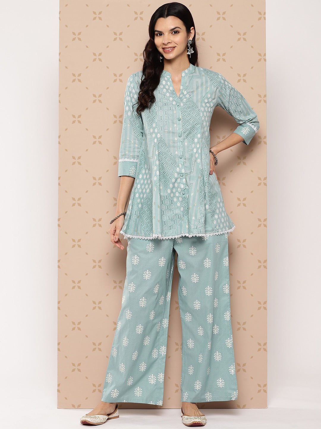 Women's Yufta Sea Green Printed A-Line Top And Palazzo Co-Ords Set - Yufta