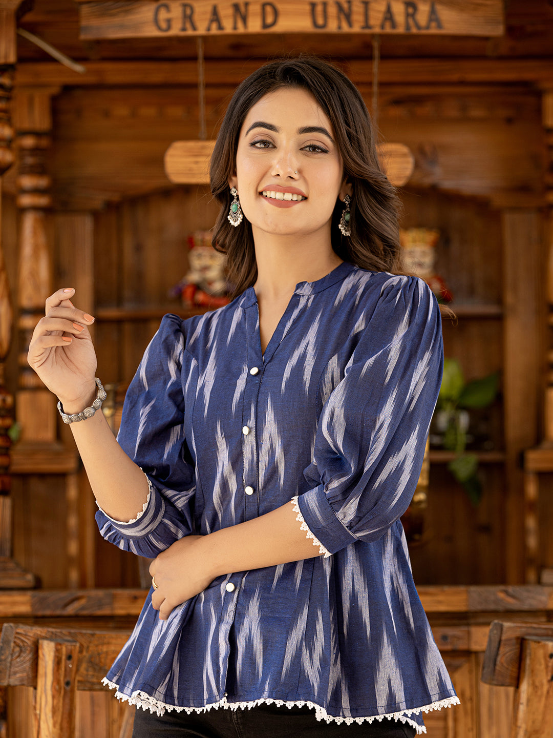 Women's Cotton Blue Ikat Print Puffed Sleeve Tops - Yufta