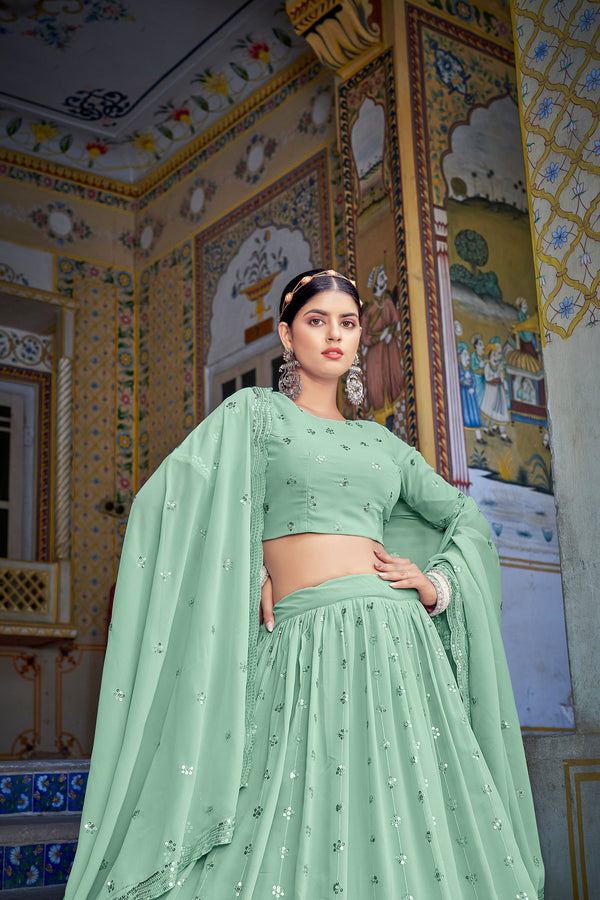 Women's Pista Green Georgette Thread Sequence Embroidered Lehenga Set - Shubhkala