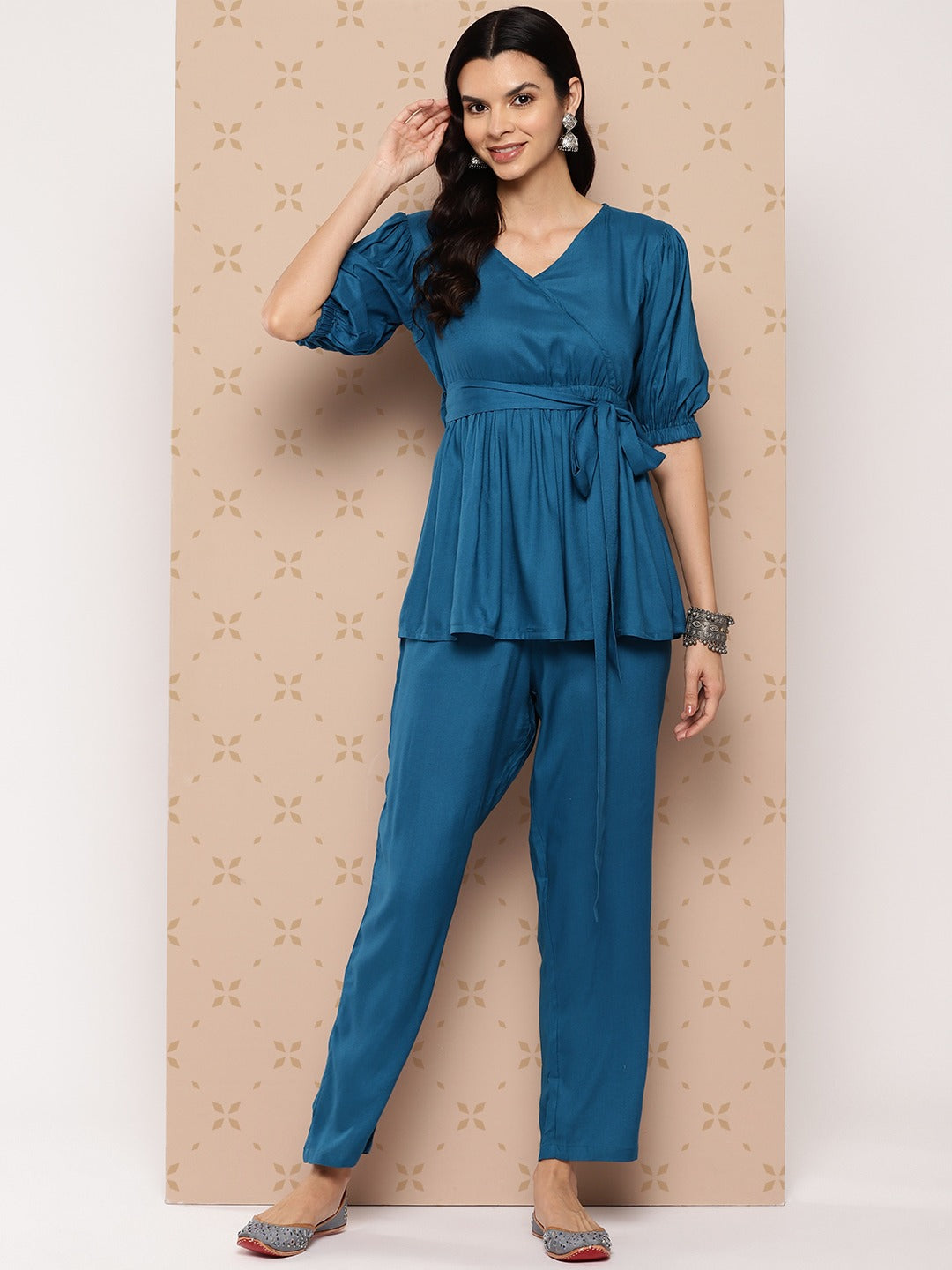 Women's Yufta Teal Blue Solid A-Line Top And Trousers Co-Ords Set - Yufta