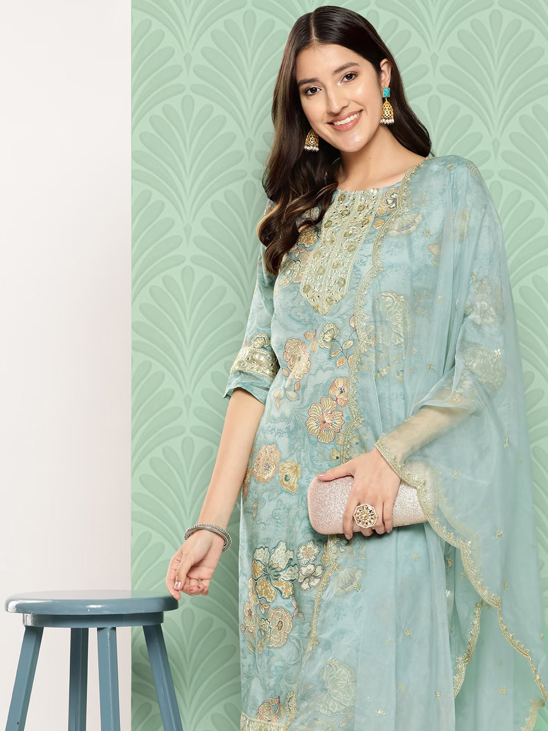 Women's Blue Embroidery Straight Kurta With Trouser & Dupatta - Yufta