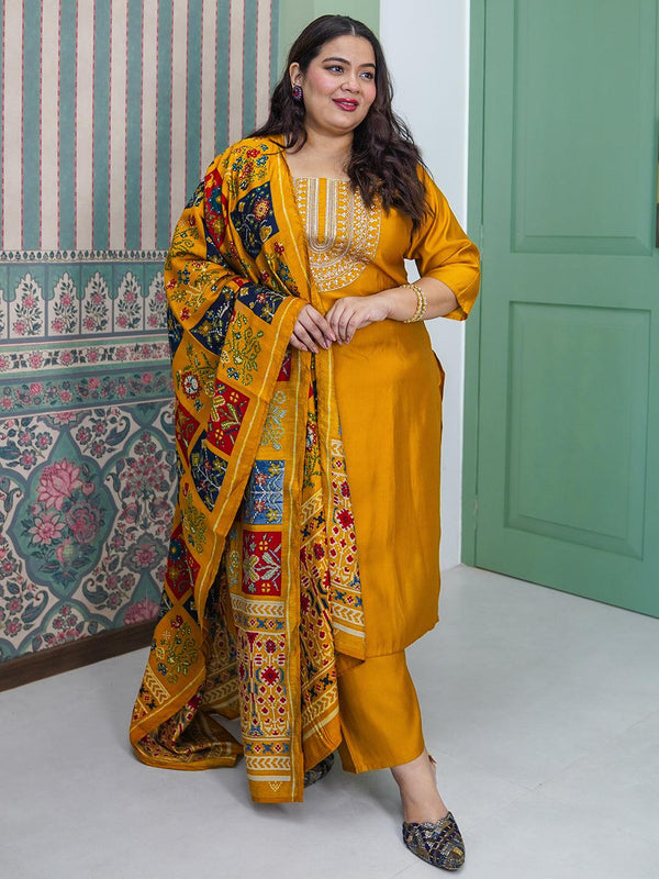 Plus Size Mustard Embroidered Silk Blend Straight Suit With Dupatta