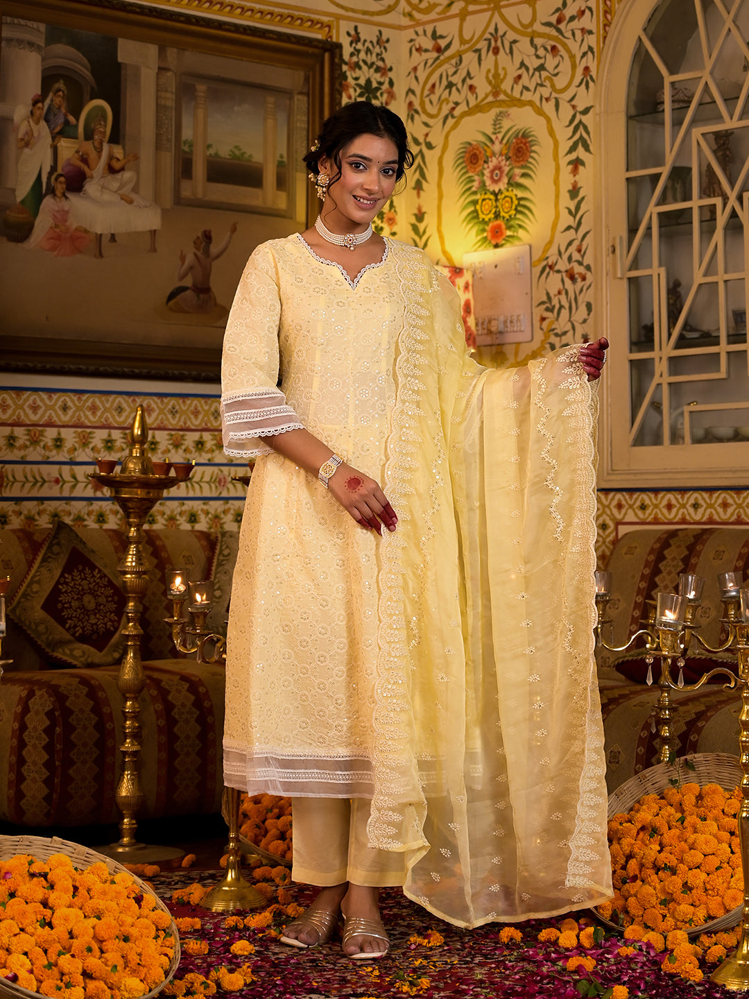 Women's Yellow Pure Cotton Sequence Work Anarkali Kurta Trouser With Dupatta Set - Yufta