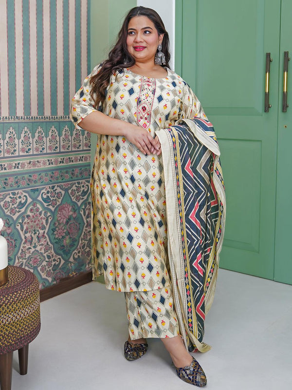 Plus Size Multicoloured Printed Silk Blend Straight Suit With Dupatta