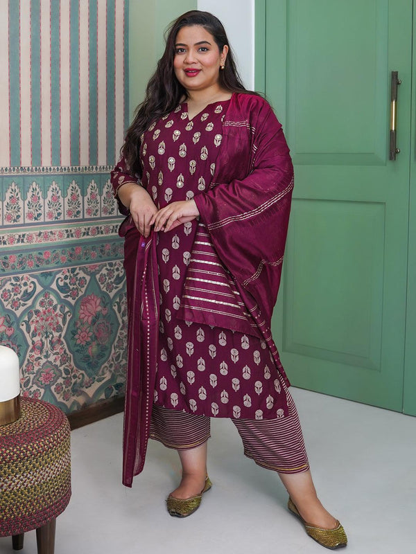 Plus Size Maroon Printed Silk Blend Straight Suit With Dupatta