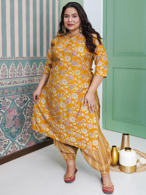 Plus Size Yellow Printed Silk Blend Straight Kurta Set