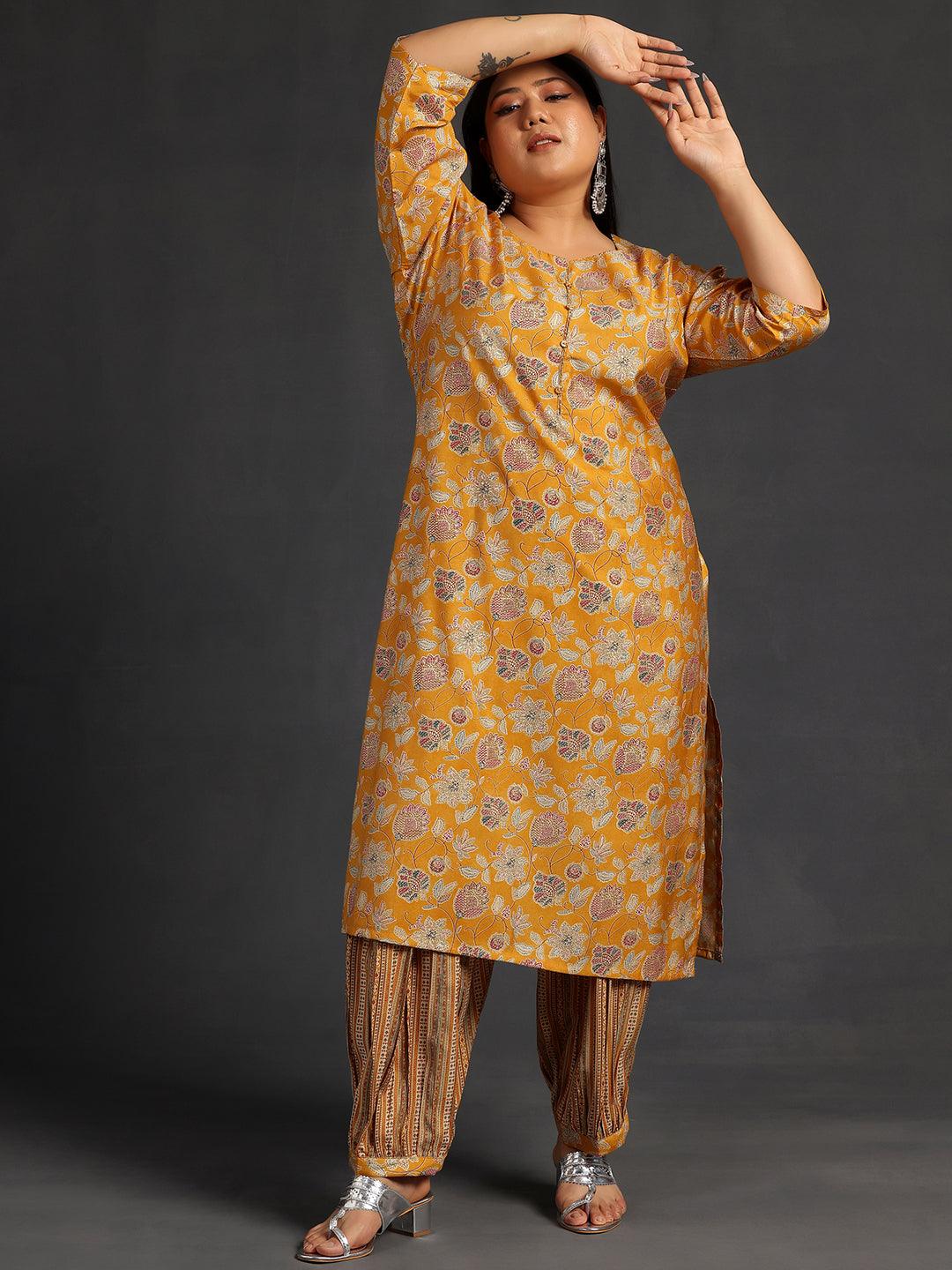 Plus Size Yellow Printed Silk Blend Straight Kurta Set - Jashvi