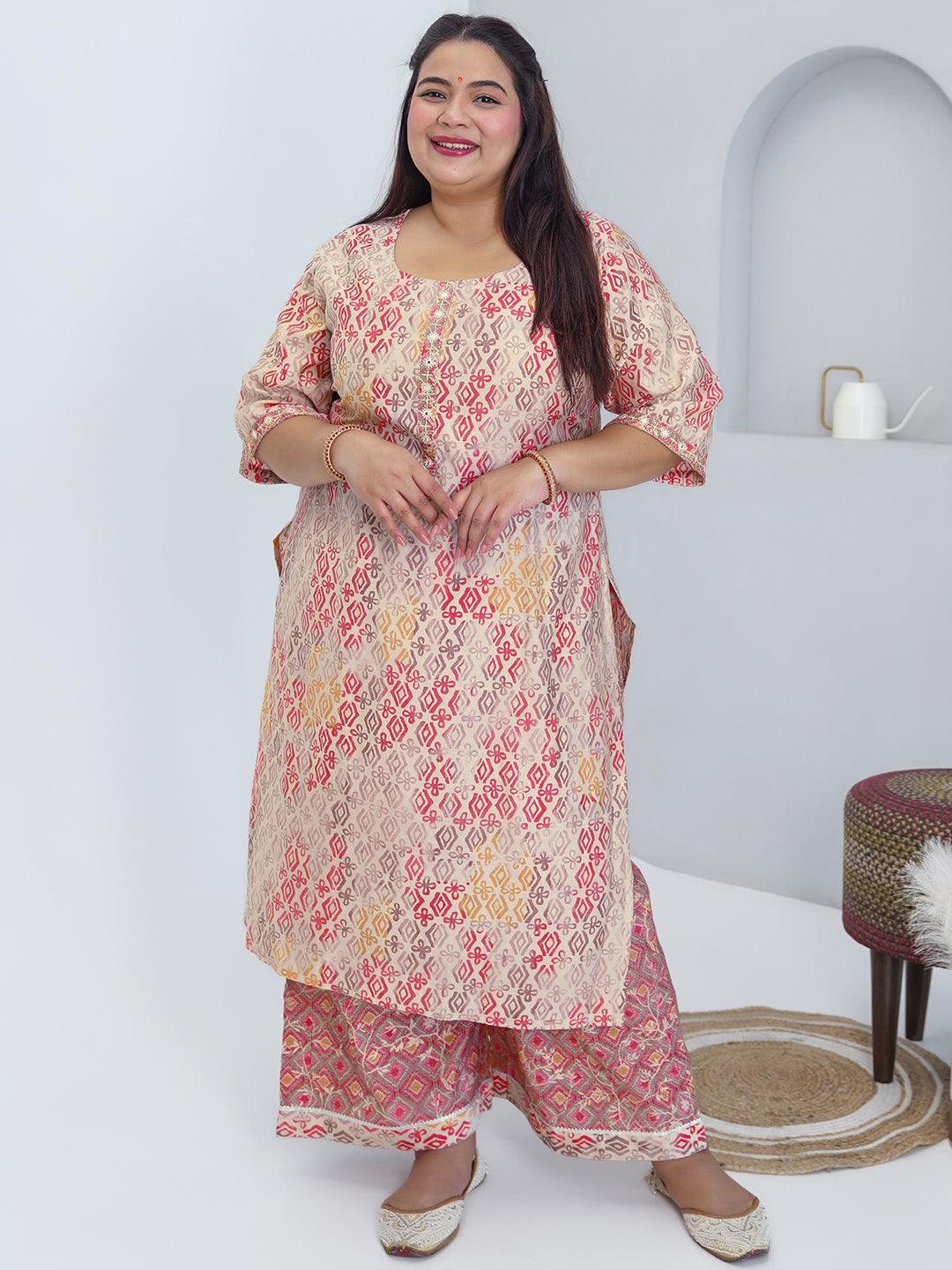 Plus Size Peach Printed Silk Blend Straight Kurta Set - Jashvi