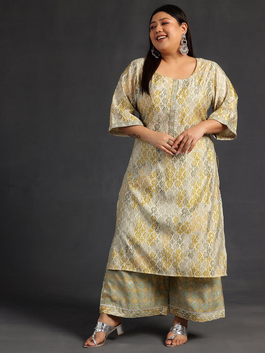 Plus Size Green Printed Silk Blend Straight Kurta Set - Jashvi