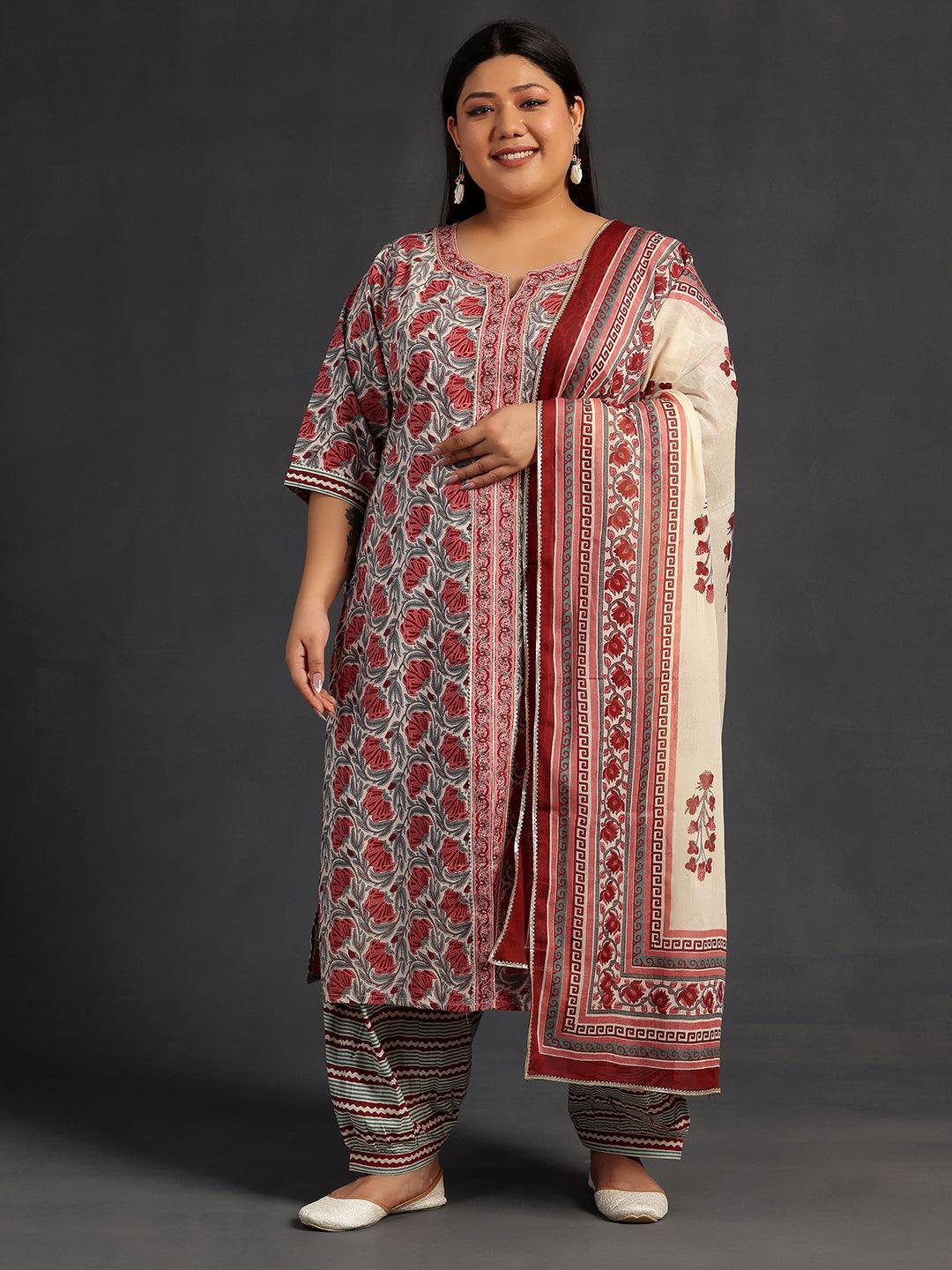 Plus Size Grey Printed Cotton Straight Suit With Dupatta - Jashvi