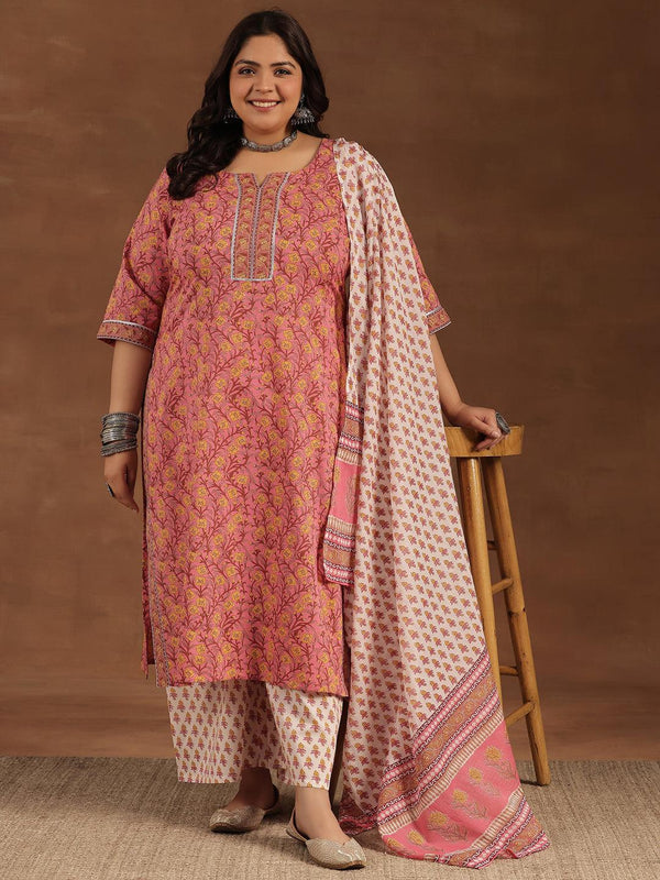 Plus Size Pink Printed Cotton Straight Suit With Dupatta - Jashvi