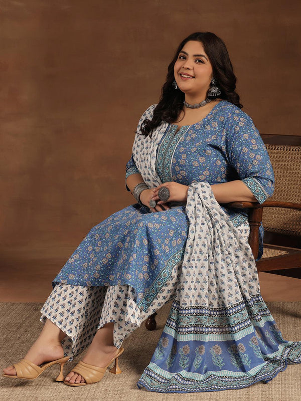 Plus Size Blue Printed Cotton Straight Suit With Dupatta - Jashvi