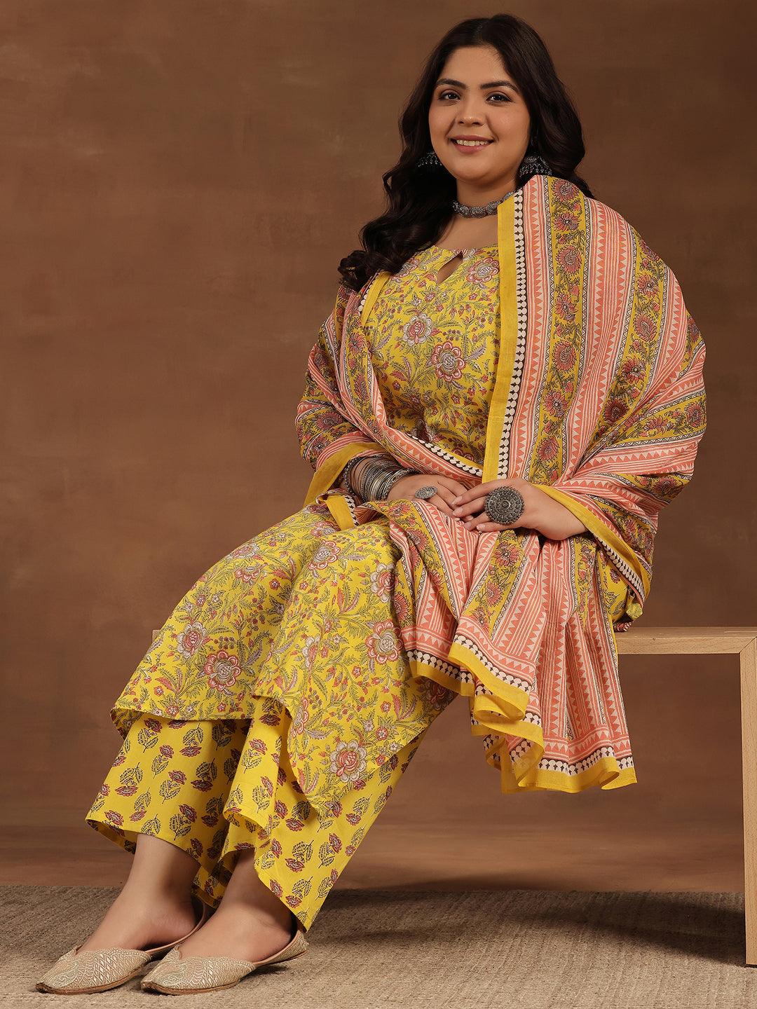 Plus Size Yellow Printed Cotton Straight Suit With Dupatta - Jashvi