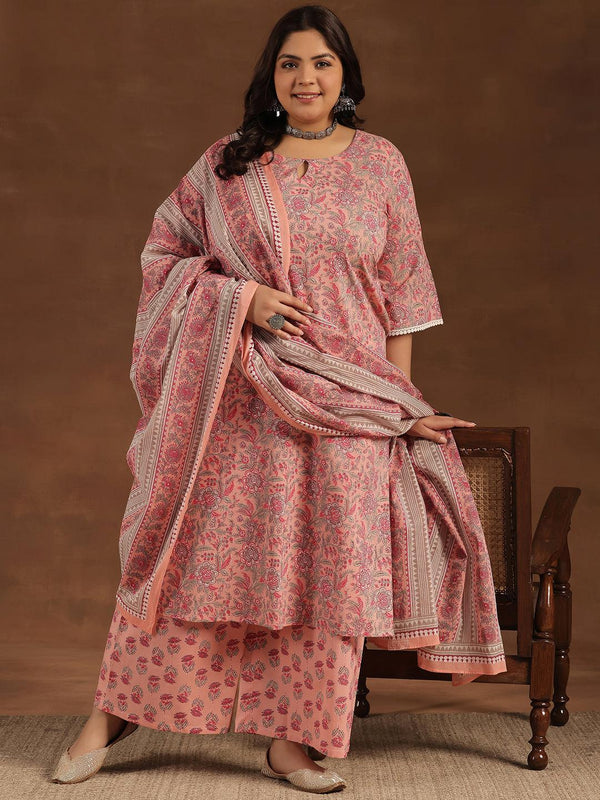 Plus Size Pink Printed Cotton Straight Suit With Dupatta - Jashvi