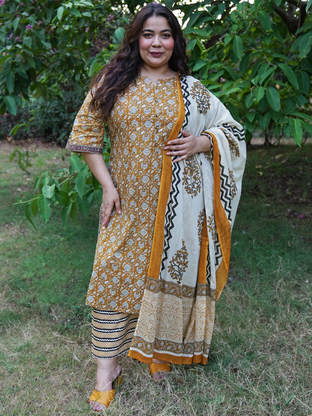 Plus Size Mustard Printed Cotton Straight Suit With Dupatta - Jashvi