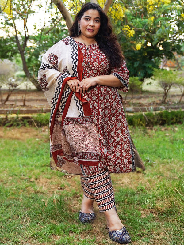 Plus Size Maroon Printed Cotton Straight Suit With Dupatta - Jashvi