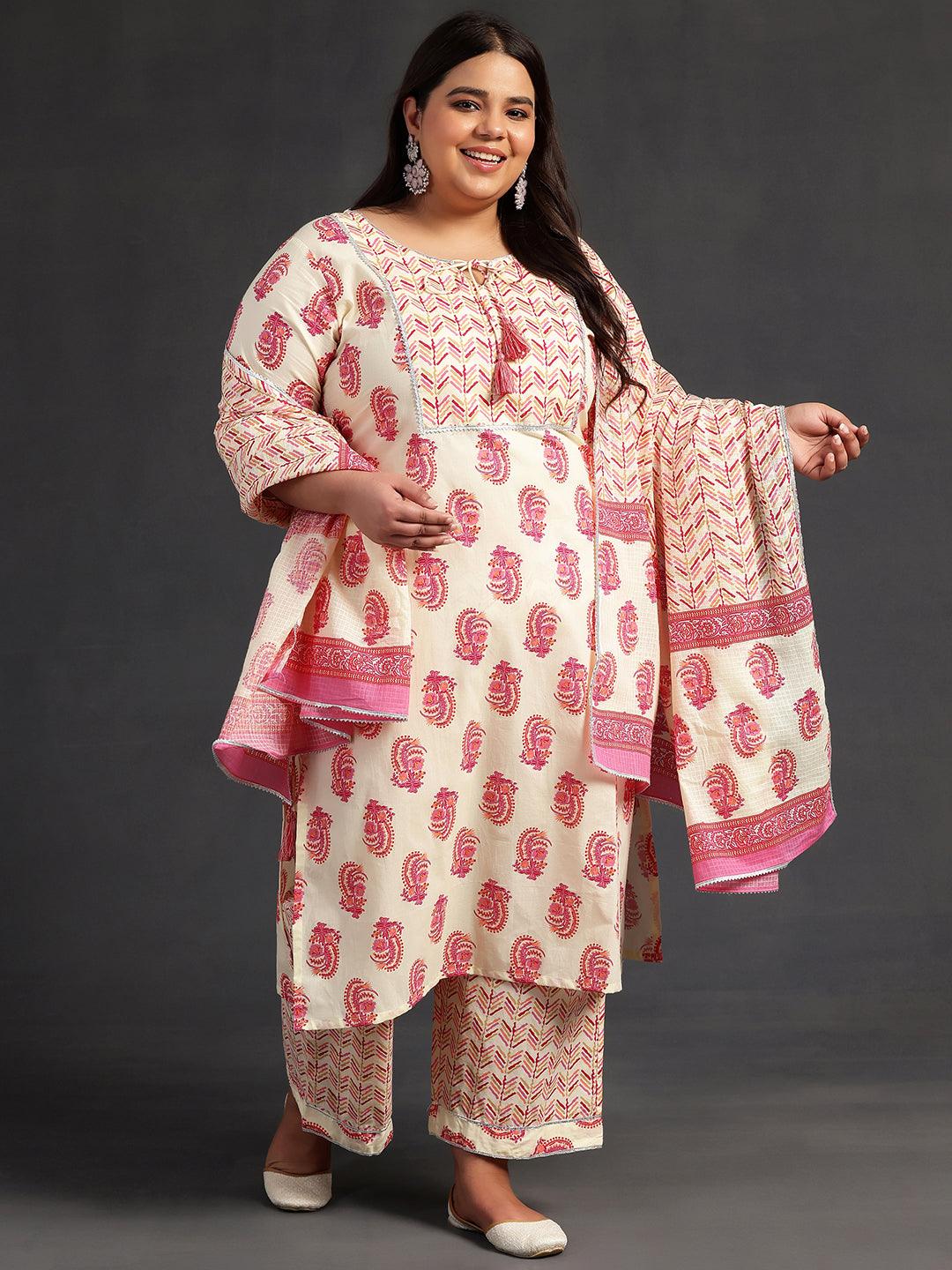 Plus Size Cream Printed Cotton Straight Suit With Dupatta - Jashvi