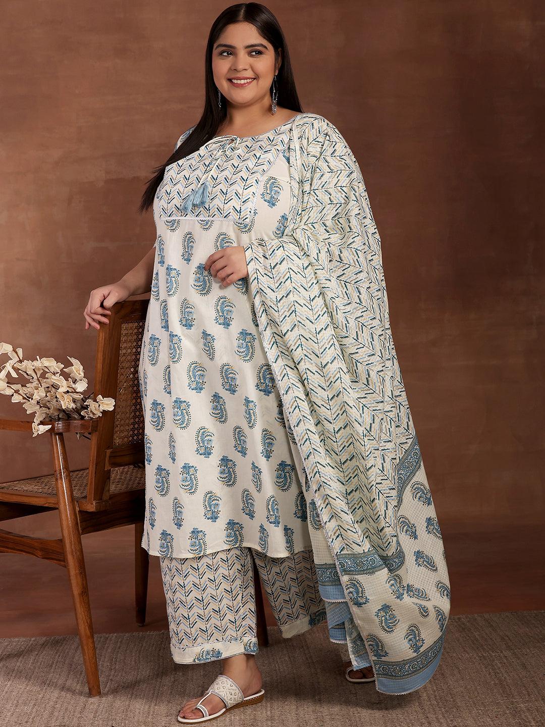 Plus Size Cream Printed Cotton Straight Suit With Dupatta - Jashvi