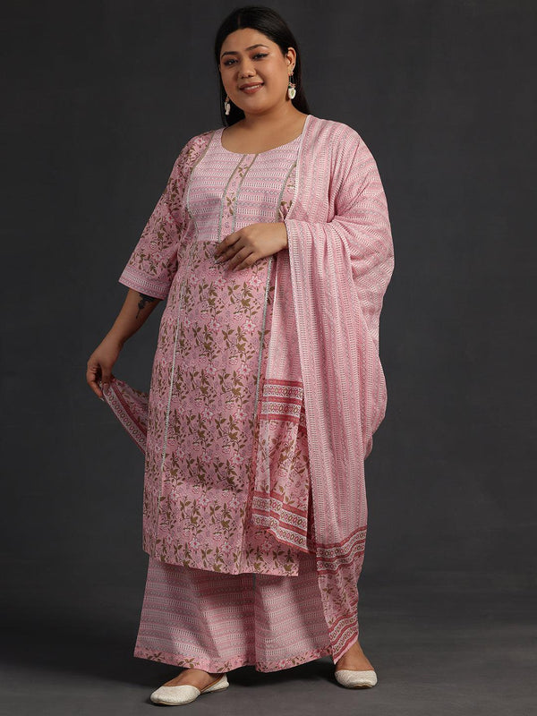 Plus Size Pink Yoke Design Cotton Straight Suit With Dupatta - Jashvi