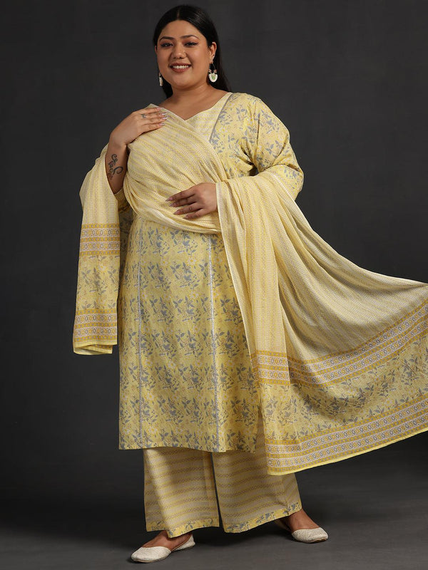 Plus Size Yellow Printed Cotton Straight Suit With Dupatta - Jashvi