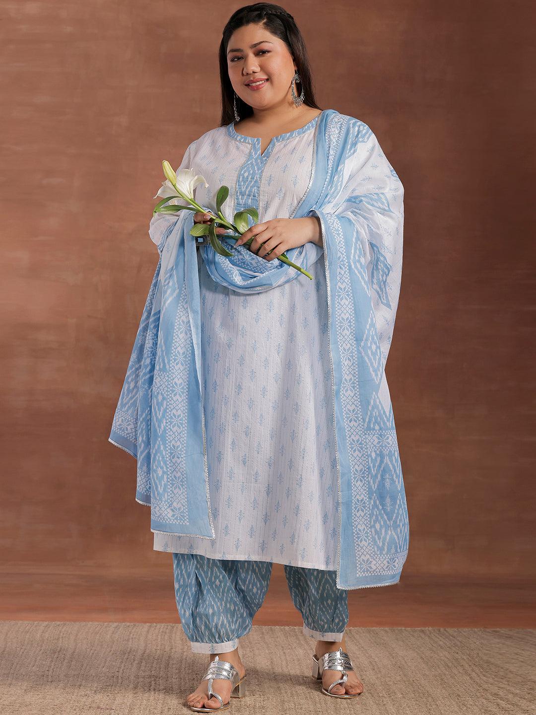 Plus Size White Printed Cotton Straight Suit With Dupatta - Jashvi