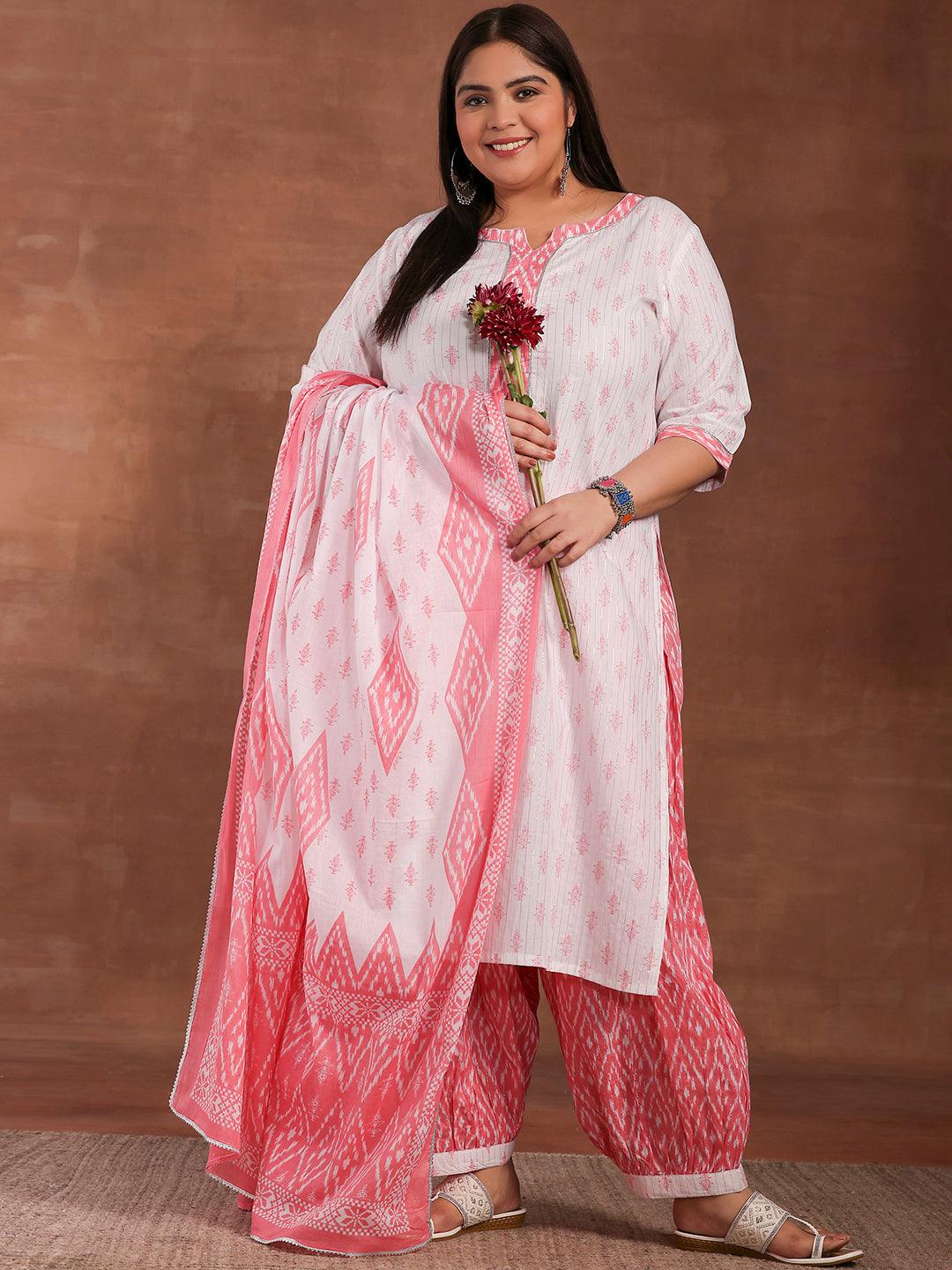 Plus Size White Printed Cotton Straight Suit With Dupatta - Jashvi