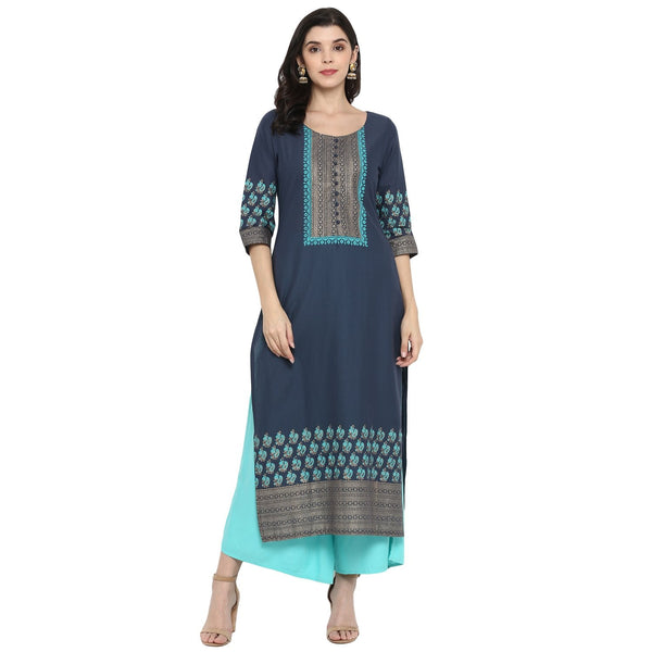 Women's Blue Cotton Printed Straight Kurti With Block Print (1 Pc) - Noz2Toz