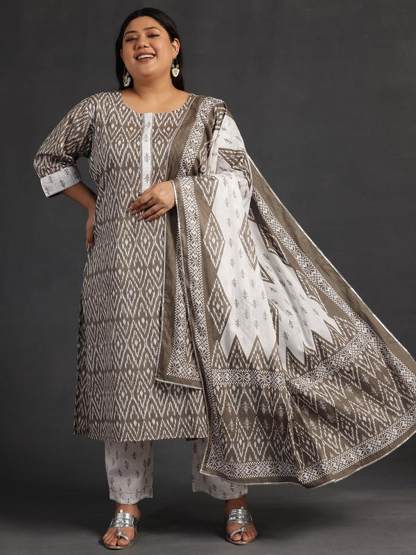 Plus Size Grey Printed Cotton Straight Suit With Dupatta - Jashvi