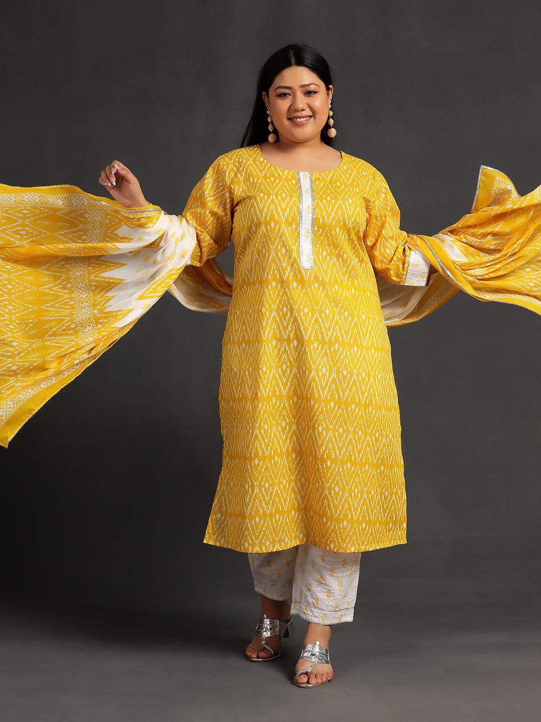 Plus Size Yellow Printed Cotton Straight Suit With Dupatta - Jashvi