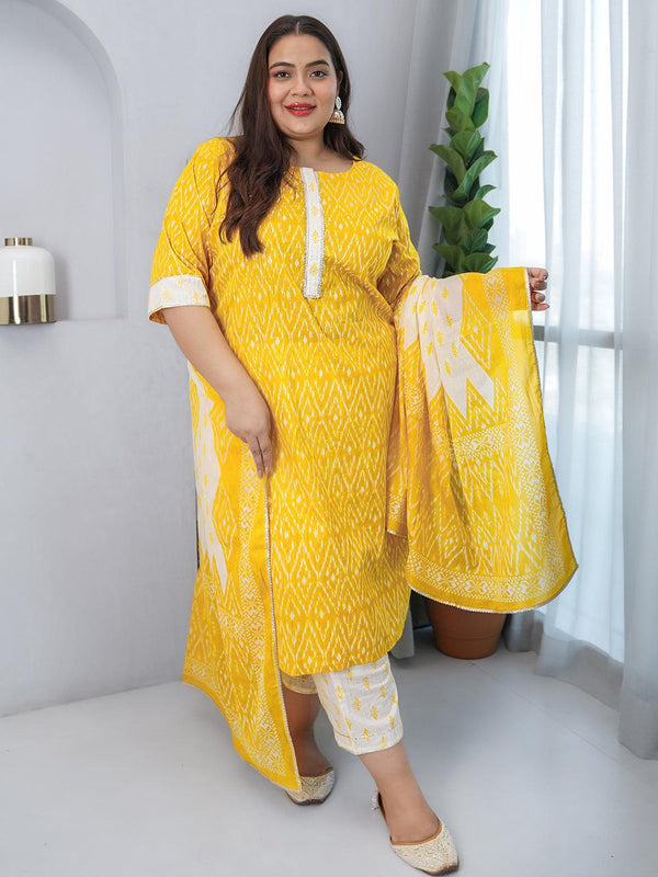 Plus Size Yellow Printed Cotton Straight Suit With Dupatta