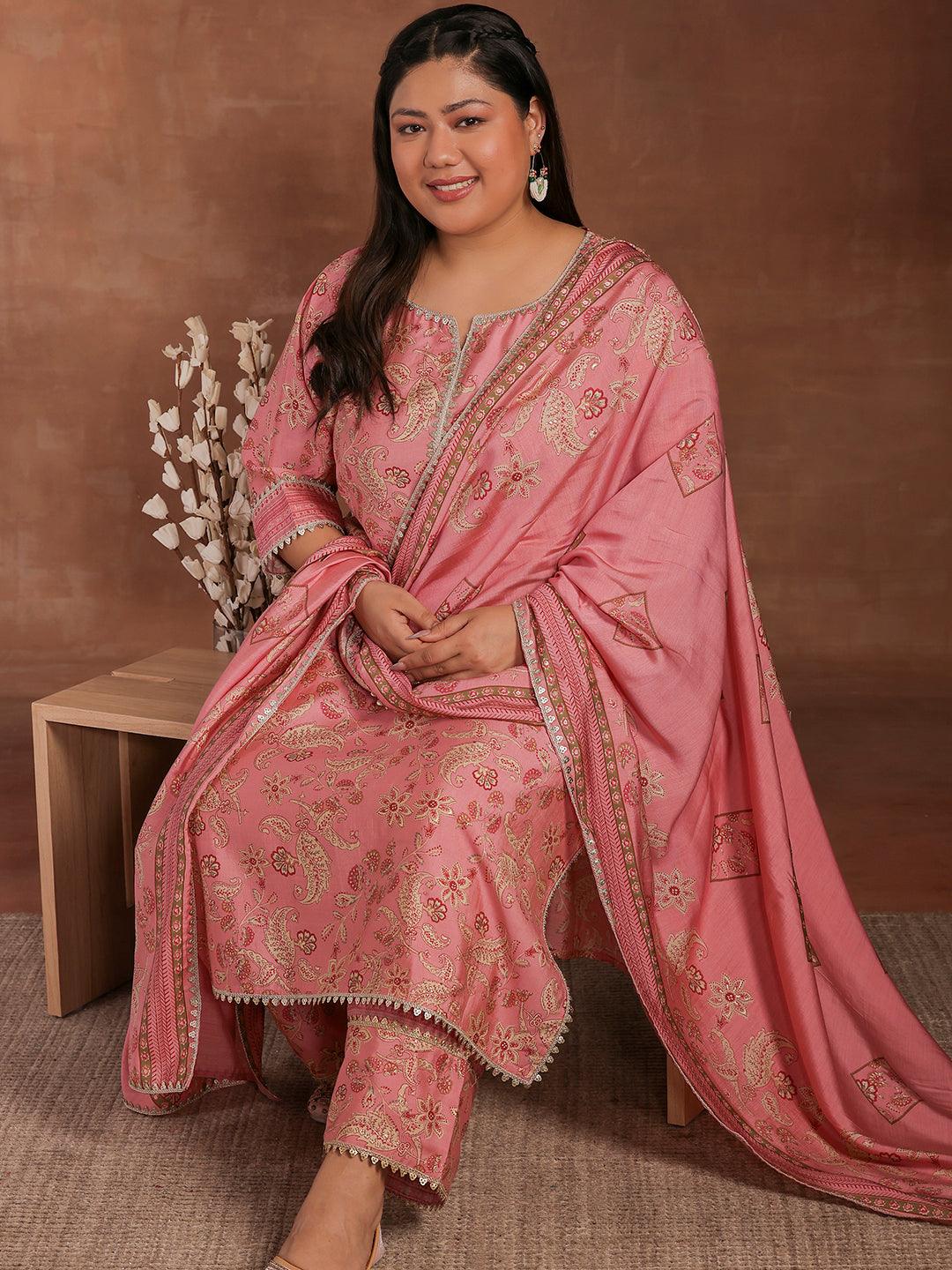 Plus Size Pink Printed Silk Blend Straight Suit With Dupatta - Jashvi