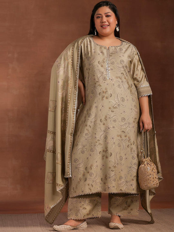 Plus Size Green Printed Silk Blend Straight Suit With Dupatta - Jashvi