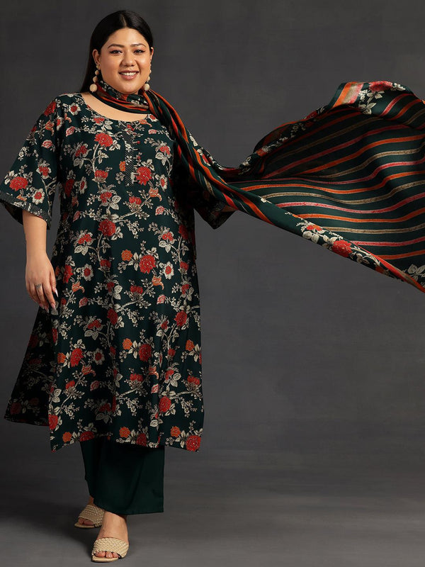 Plus Size Green Printed Silk Blend Straight Suit With Dupatta - Jashvi