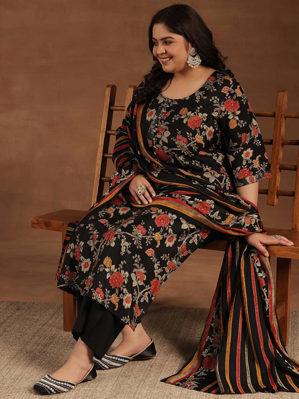 Plus Size Black Printed Silk Blend Straight Suit With Dupatta - Jashvi