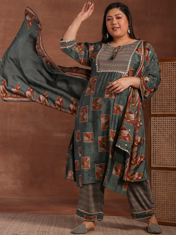 Plus Size Green Printed Silk Blend Straight Suit With Dupatta - Jashvi