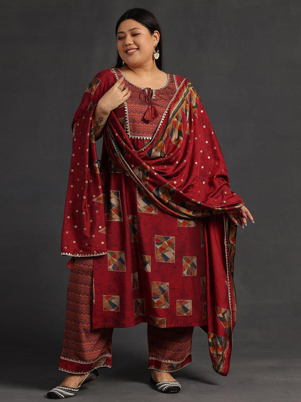 Plus Size Maroon Printed Silk Blend Straight Suit With Dupatta - Jashvi