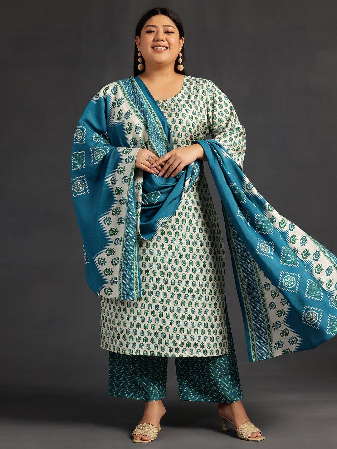 Plus Size Beige Printed Silk Blend Straight Suit With Dupatta - Jashvi