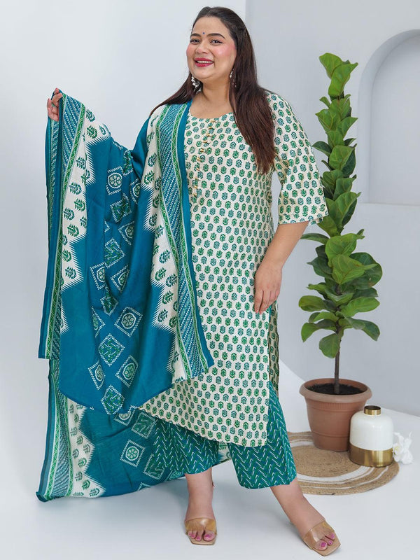 Plus Size Beige Printed Silk Blend Straight Suit With Dupatta