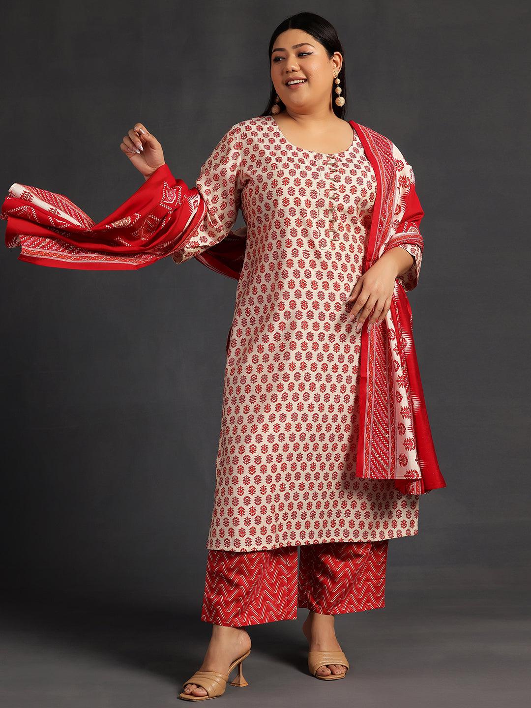 Plus Size Beige Printed Silk Blend Straight Suit With Dupatta - Jashvi