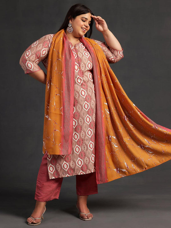 Plus Size Mauve Printed Silk Blend Straight Suit With Dupatta - Jashvi