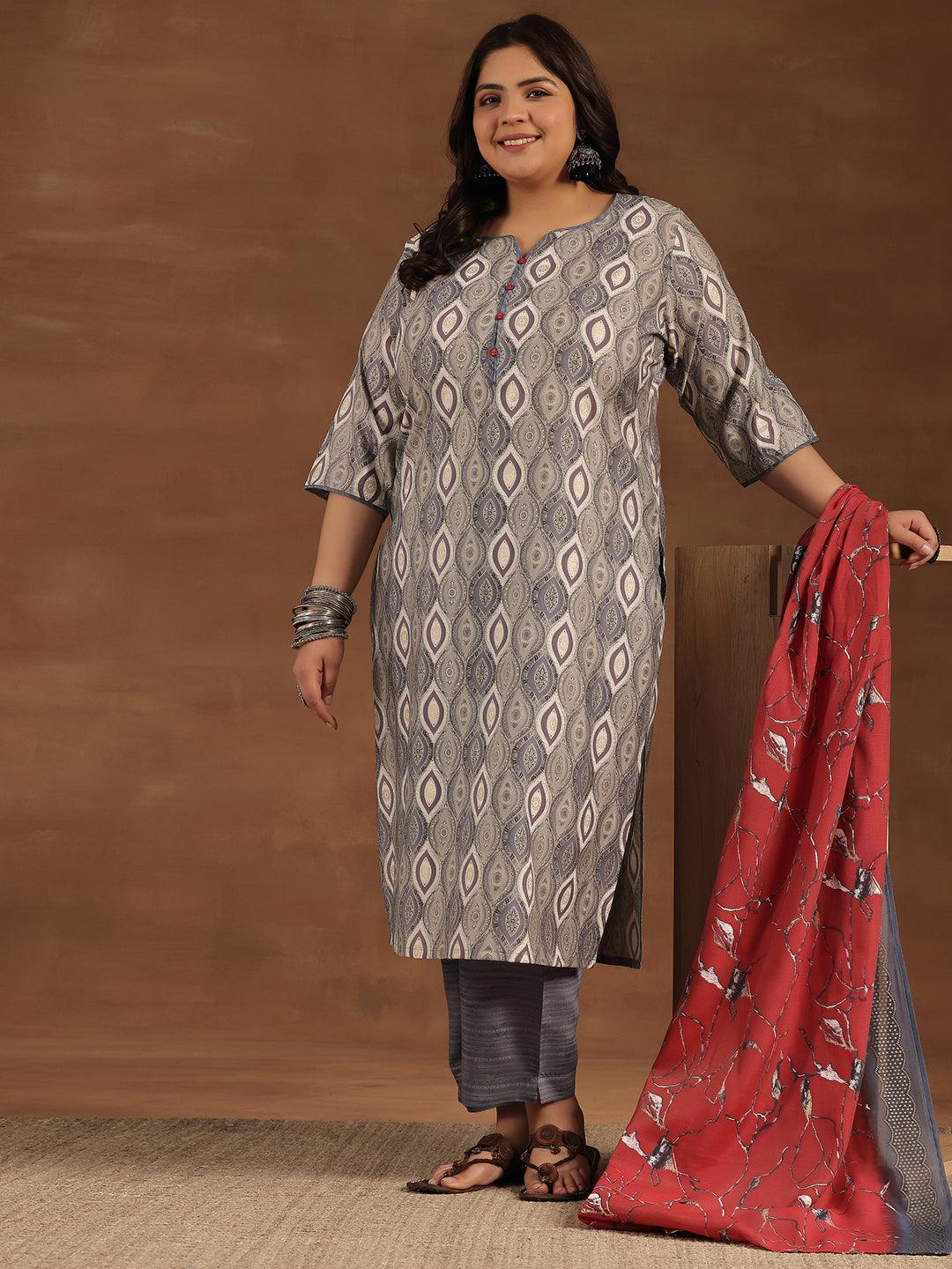 Plus Size Grey Printed Silk Blend Straight Suit With Dupatta - Jashvi