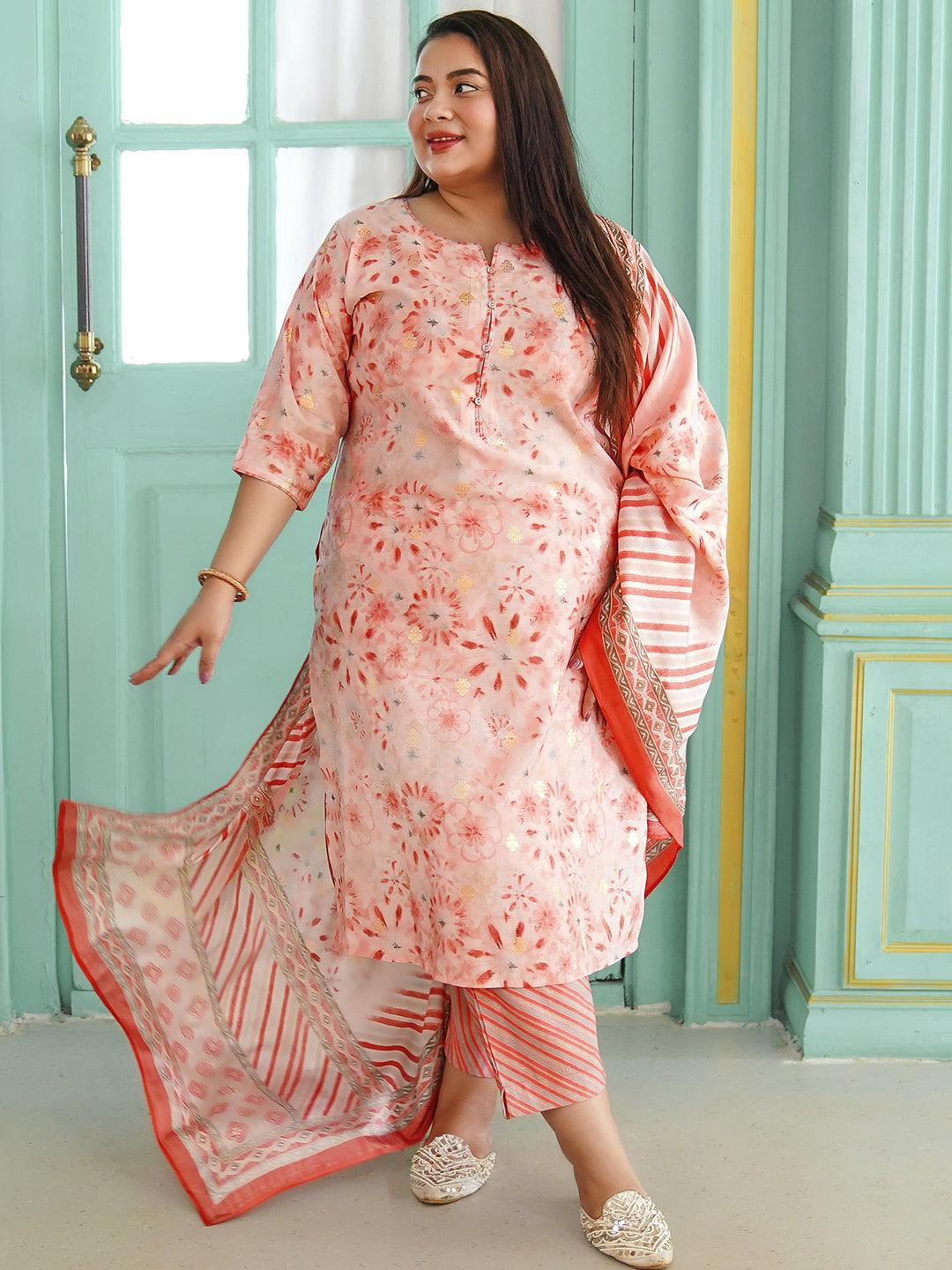 Plus Size Peach Printed Silk Blend Straight Suit With Dupatta - Jashvi