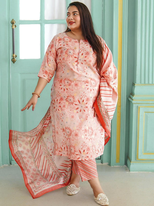 Plus Size Peach Printed Silk Blend Straight Suit With Dupatta - Jashvi