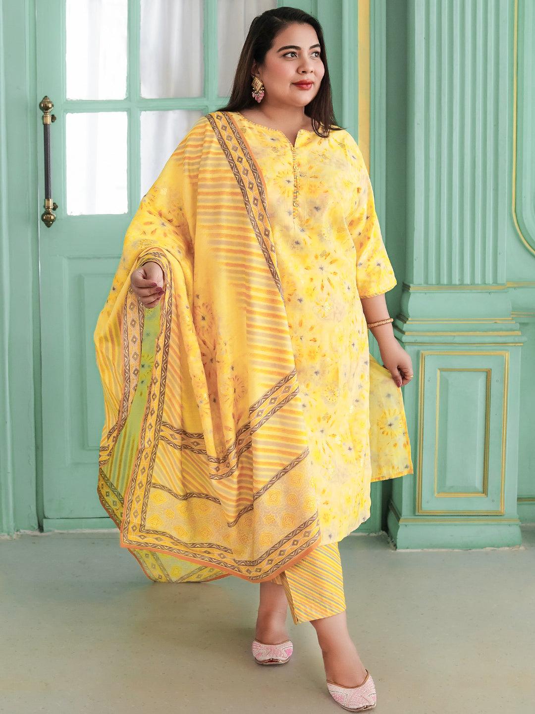 Plus Size Yellow Printed Silk Blend Straight Suit With Dupatta - Jashvi