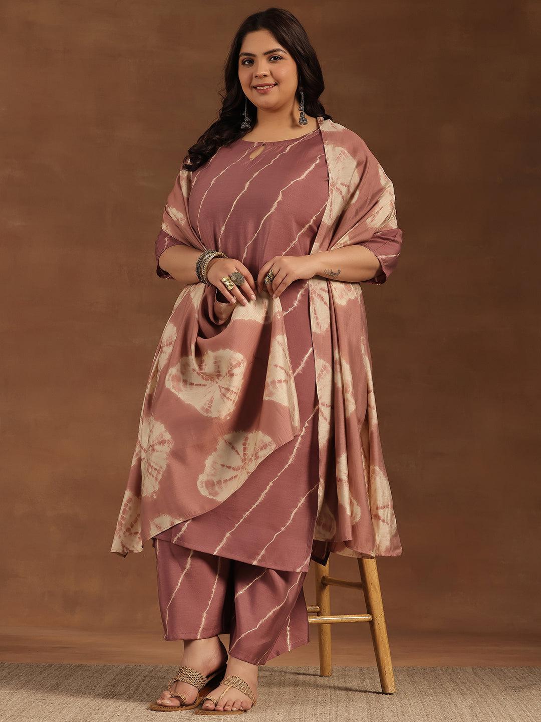 Plus Size Mauve Printed Silk Blend Straight Suit With Dupatta - Jashvi