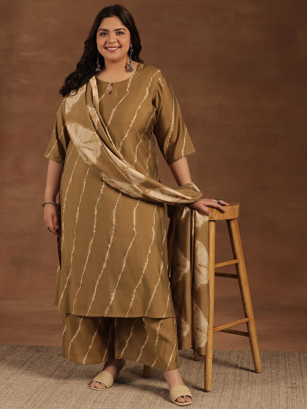 Plus Size Olive Printed Silk Blend Straight Suit With Dupatta - Jashvi