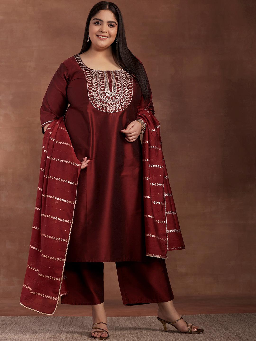 Plus Size Maroon Yoke Design Silk Blend Straight Suit With Dupatta - Jashvi